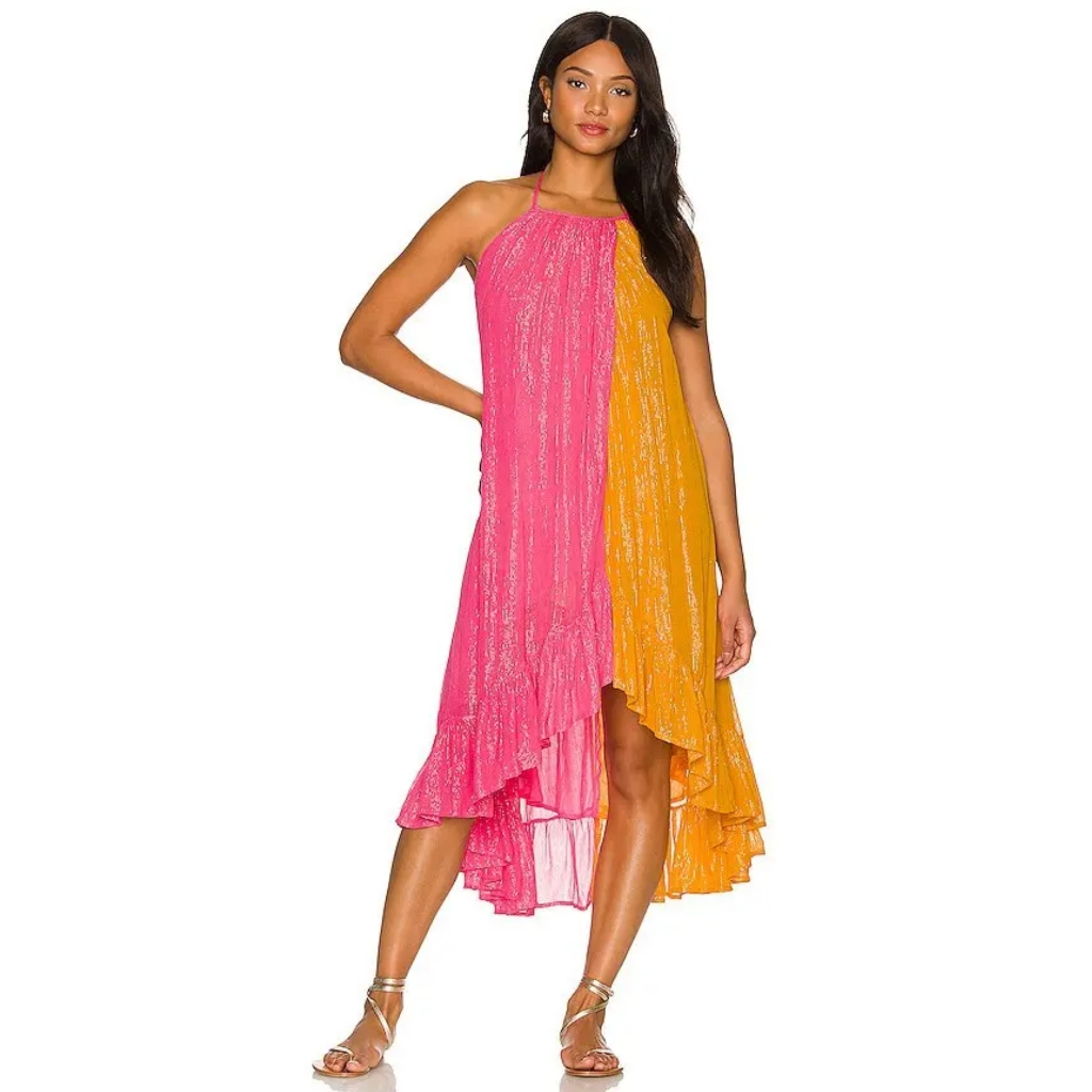 Sundress Alice Marbella Bicolor Flowy Halter Dress In Tangerine M/L